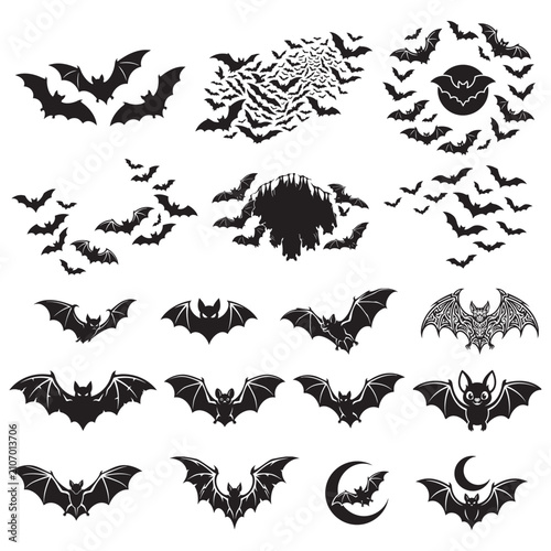 Swarm of Flying Bats Silhouette Vector Collection Bat Colony Moon and Cave Silhouettes Dynamic collection of bat swarms, flock formations, and individual vampire bat silhouettes with moon