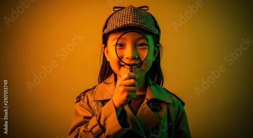 Young girl detective with magnifying glass.