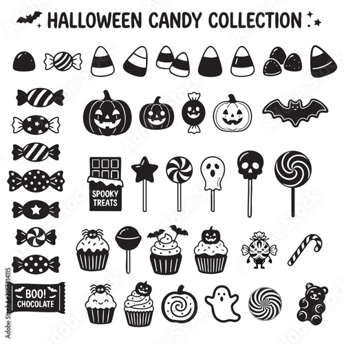 Halloween Candy Collection Vector Icon Set — Spooky Treats, Pumpkins, Lollipops and Sweets Black Silhouette Bundle A comprehensive Halloween candy icon collection featuring candy corn