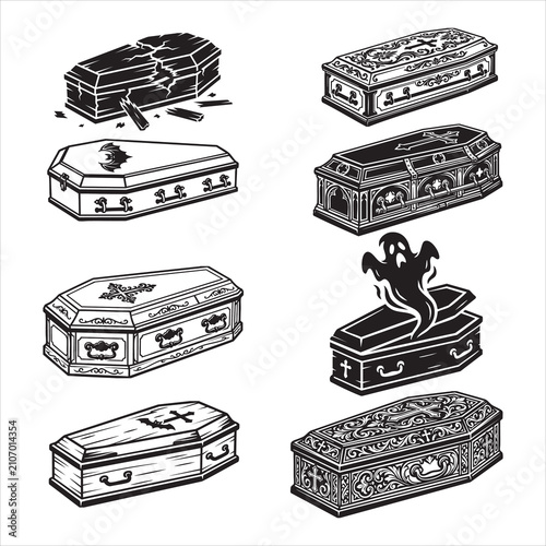 Ornate Gothic Coffin Vector Set Broken Wood Casket and Ghost Spooky Halloween Illustrations