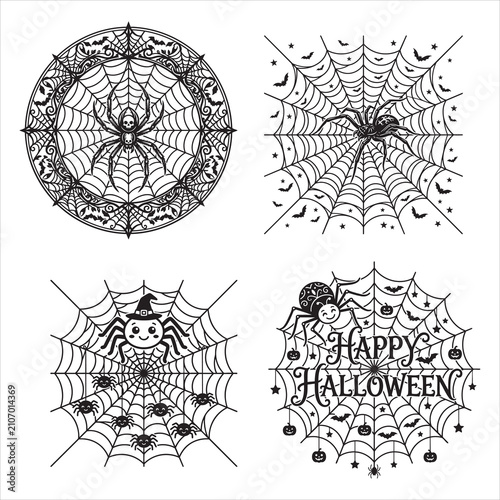 Halloween Spider Web Frame Set Gothic Mandala Cute Spiders Happy Halloween Typography Vector
