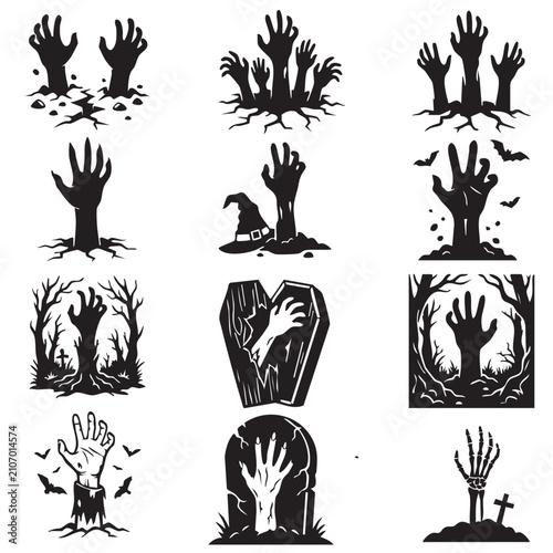 Zombie Hands Rising Vector Icon Set – Graveyard Halloween Silhouette Clipart Bundle with Coffin and Tombstone Elements A collection of black silhouette illustrations depicting zombie hands emerging 