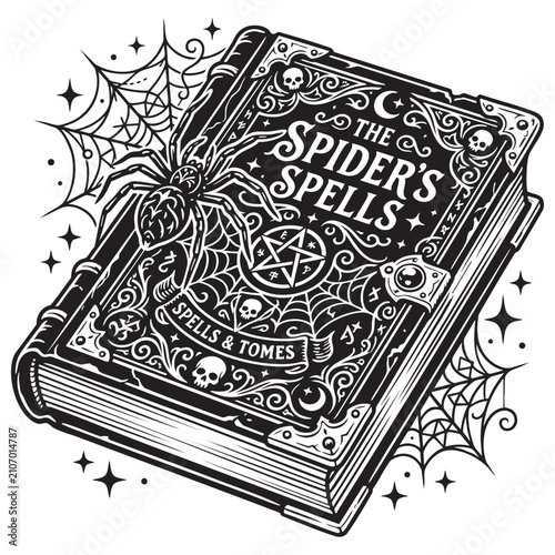 Spooky Spellbook Illustration with Spider – Gothic Halloween Witchcraft Book Design for Fantasy and Horror Projects