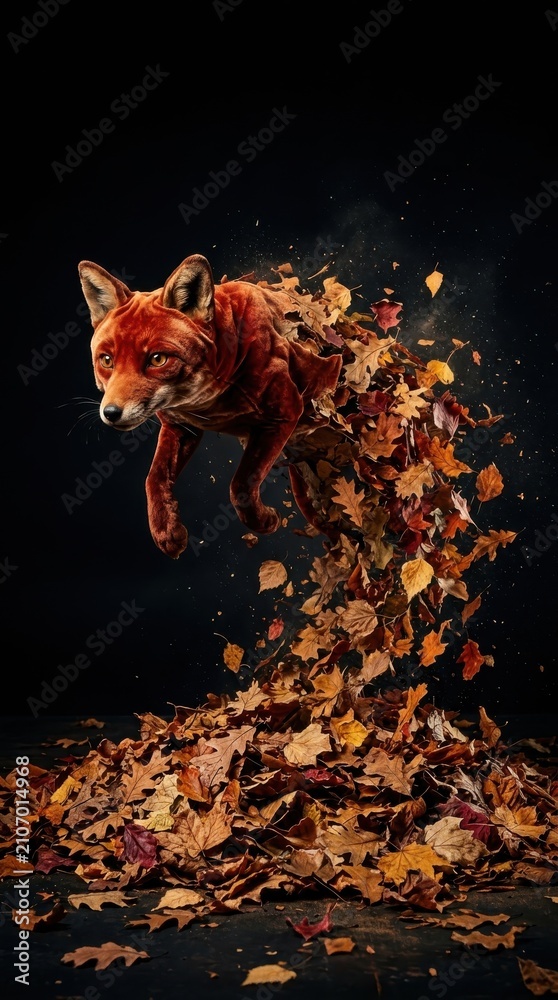 Fototapeta premium Fox jumping out of pile of autumn leaves