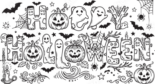 Happy Halloween Doodle Lettering Coloring Page – Hand-Drawn Monster, Pumpkin and Ghost Typography Illustration