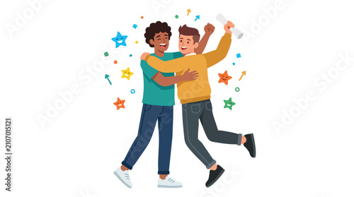 Best friends illustration featuring a best friends flat illustration of young men celebrating graduation together