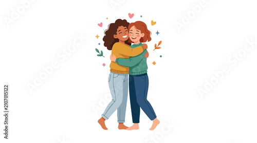 Best friends illustration and best friends flat illustration showing women hugging each other with love