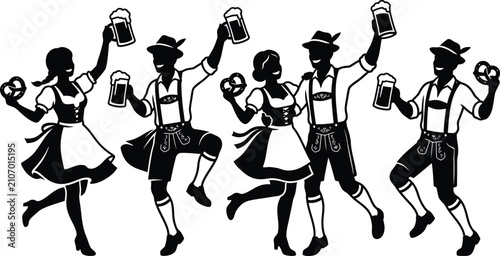 Group of festive people in traditional Bavarian clothing holding beer mugs and pretzels dancing
