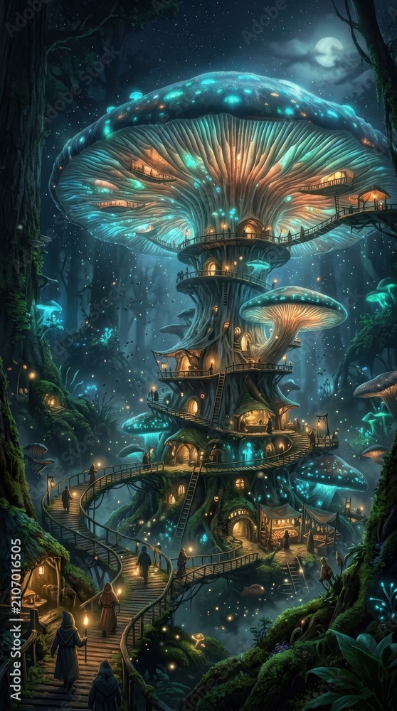 Fototapeta premium Fantasy mushroom tree house village in a magical forest at night