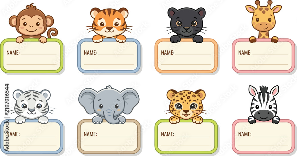 Obraz premium Cute safari baby animals name tags vector sticker set collection featuring cartoon monkey tiger panther giraffe elephant leopard and zebra