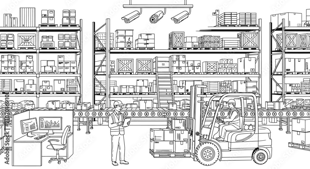 Obraz premium Warehouse interior with forklift security cameras and logistics operations