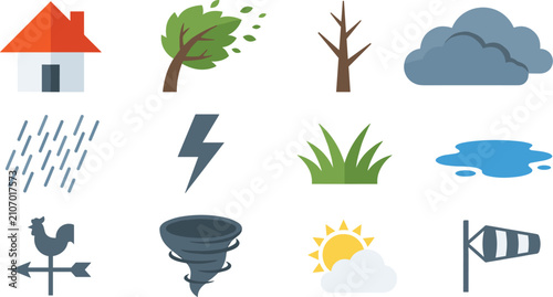 Foto Flat Severe Weather and Natural Disaster Icon Set Featuring House Tornado Hurric