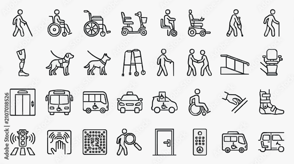 Fototapeta premium Creative Black and White Line Icons Set Featuring Accessibility Mobility and Assistive Devices for SEO and Design