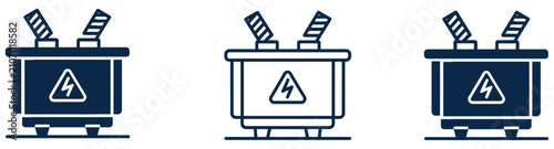 Power transformer icon set vector illustration featuring electrical energy conversion, voltage regulation, power grid, and utility infrastructure designs