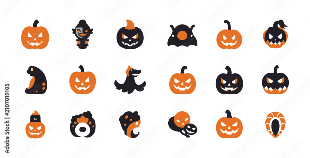 Fototapeta premium Halloween spooky pumpkin icons vector set featuring jack o lanterns and festive characters