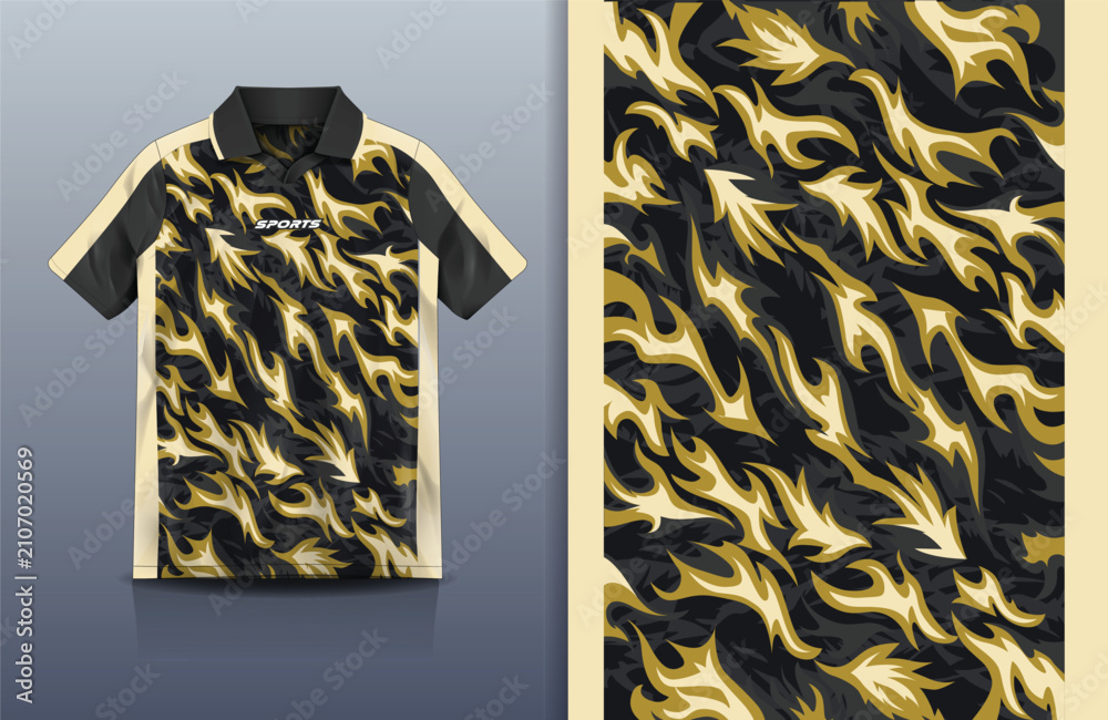 Fototapeta premium Jersey Sport Streetwear Design Abstract Flame Feather Pattern Gold Black Cream Polo Collar Sublimation Fashion