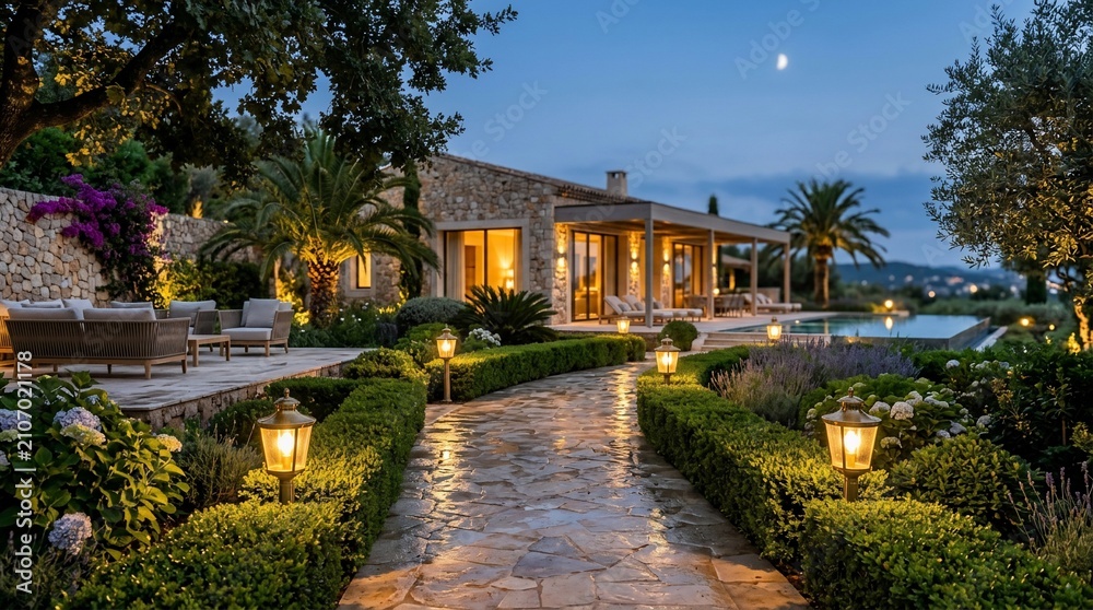 Fototapeta premium Luxury villa estate with illuminated garden pool and outdoor seating area