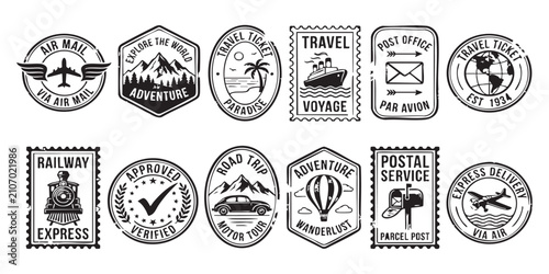 Bild auf Leinwand Set of vintage travel stamps and postal service postmarks with adventure and tra