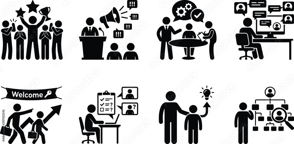Obraz premium Business Leadership and Team Management Icon Set for Corporate Strategy Onboarding and Online Communication