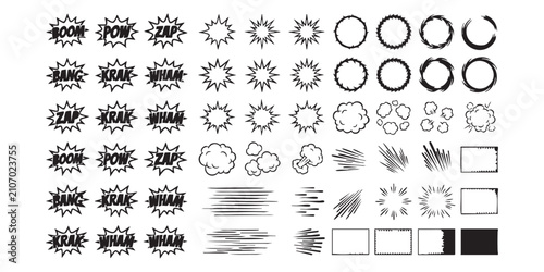 Canvastavla Set of comic book action sound effects and speed lines graphic design elements