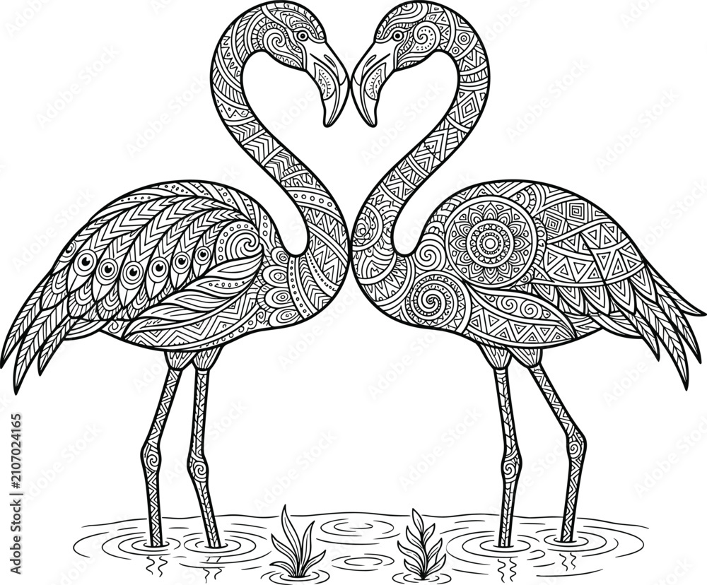 Obraz premium Two flamingo birds forming a heart shape with ornate mandala patterns standing in water for coloring book design
