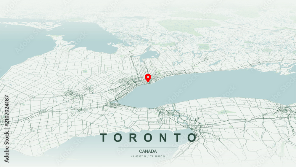 Fototapeta premium Modern minimalist vector map of Toronto, Ontario. High-quality scalable illustration of Toronto geographic boundaries along Lake Superior shoreline contours for posters design.
