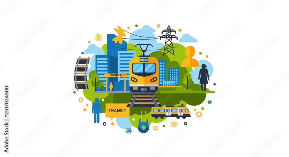 Fototapeta premium Flat Vector Illustration of Urban Public Transit System with Train Cityscape and Commuters for Sustainable Transportation Concept
