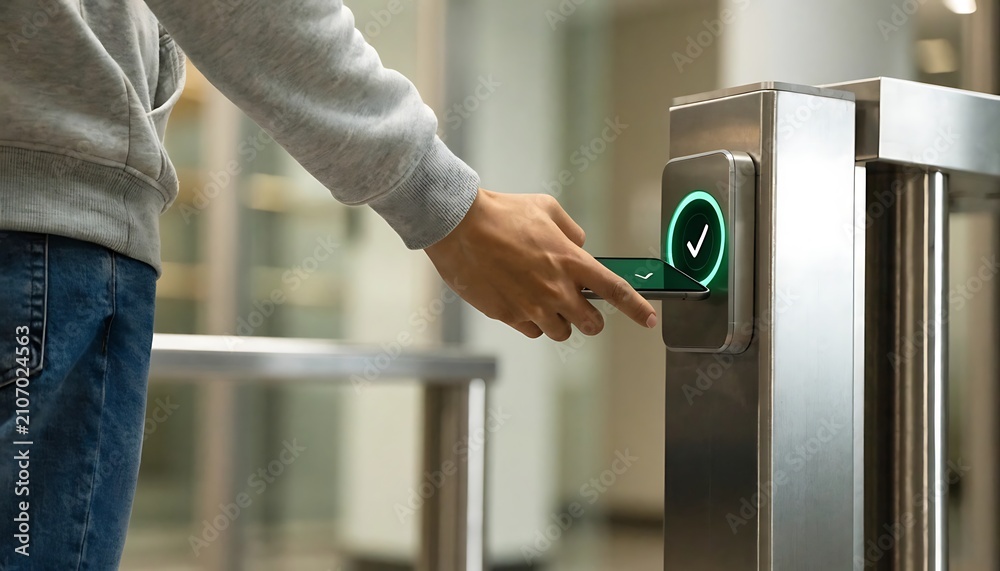 Fototapeta premium Person using access card at turnstile. Employee scanning badge for secure office entry.
