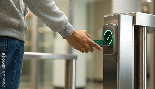 Person using access card at turnstile. Employee scanning badge for secure office entry.