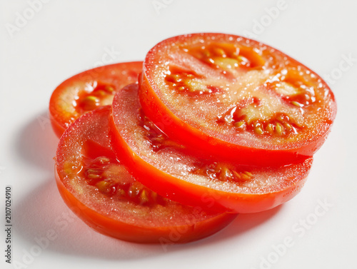 Photorealistic studio product photography of fresh red tomato slices with seeds, isolated on a clean white background with minimalist high-key lighting.