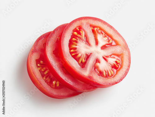 Photorealistic studio product photography of fresh red tomato slices with seeds, isolated on a clean white background with minimalist high-key lighting.