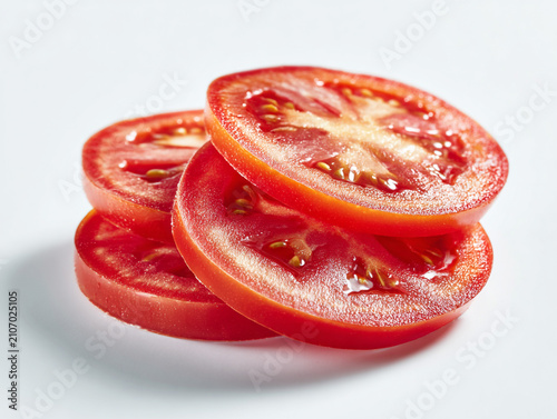 Photorealistic studio product photography of fresh red tomato slices with seeds, isolated on a clean white background with minimalist high-key lighting.