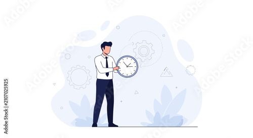 Businessman holding a clock, symbolizing time management, deadlines, and punctuality in business and life. Modern flat illustration.