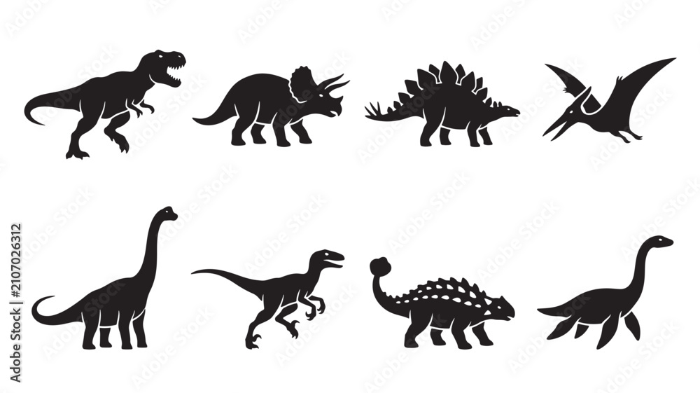 Obraz premium Dinosaur Silhouette Set with Multiple Prehistoric Creatures and Distinctive Shapes for Educational and Decorative Design
