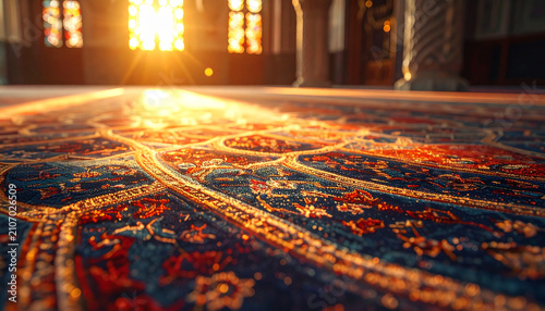 Naklejka Sunlight streaming through windows onto ornate carpet patterns