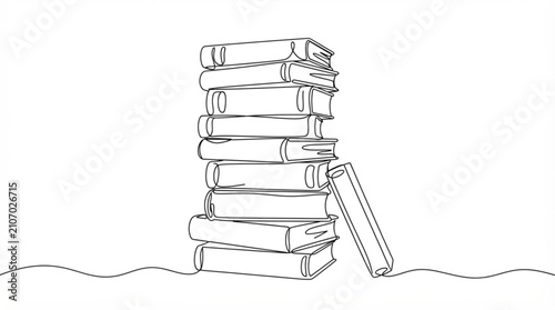 Tall stack of books continuous line art drawing education and literature concept