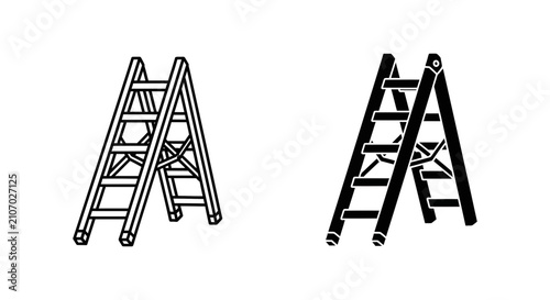 Black and white folding a-frame ladder icons for construction with construction stepladder equipment renovation maintenance industrial silhouette illustration isolated