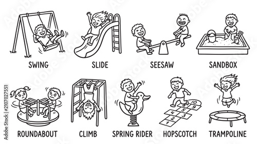 Kids Playground Activity Icon Set with Swing Slide Seesaw Sandbox Roundabout Climbing Frame Spring Rider Hopscotch and Trampoline Line Art Vector Collection Isolated on White Background