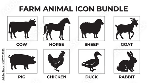 Farm Animal Icons Bundle Featuring Cow, Horse, Sheep, Goat, Pig, Chicken, Duck, and Rabbit Silhouettes
