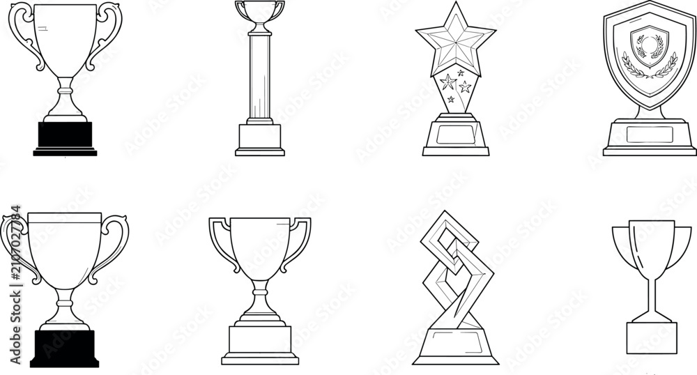 Fototapeta premium Minimalist Trophy and Award Line Art Illustrations Representing Success and Achievement