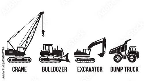Construction Equipment Silhouette Icon Set with Crane Bulldozer Excavator and Dump Truck Black Vector Collection Isolated on White Background