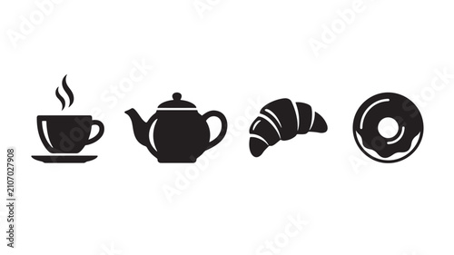 Breakfast Food and Beverage Silhouette Icon Set with Hot Coffee Cup Teapot Croissant and Donut Black Vector Collection Isolated on White Background