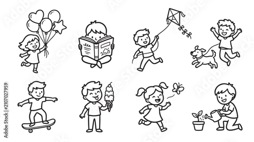 Children Enjoying Various Activities in Playful Illustrations Featuring Playing, Reading, Kite with Dog and Skateboard Elements