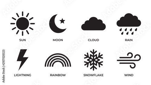 Weather Icons Featuring Sun, Moon, Cloud, Rain, Lightning, Rainbow, Snowflake, and Wind Featuring Nature, Elements, Climate
