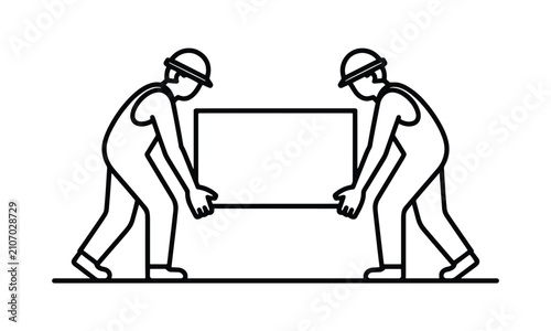 Two construction workers in hard hats carrying a heavy box together as a flat vector line icon