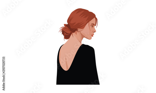 Elegant portrait of a young woman with red hair in a black dress looking away flat vector art