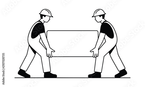 Two construction workers in hard hats carrying a heavy box together as a flat vector icon design
