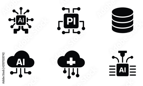 Set of artificial intelligence and cloud computing icons for modern digital technology design.