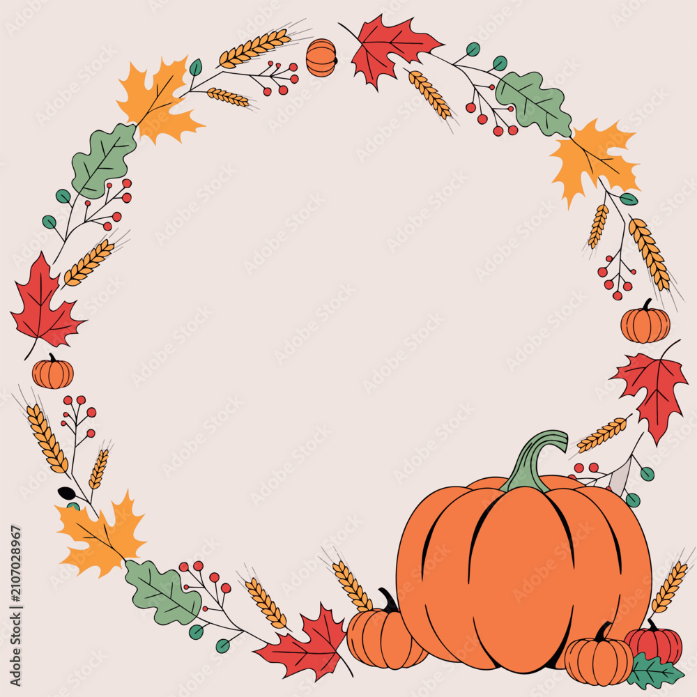 Fototapeta premium Autumn floral ornament with pumpkins and leaves on transparent background fall maple oak foliage pumpkin gourd wheat grain berries wreath frame border vector illustration graphic