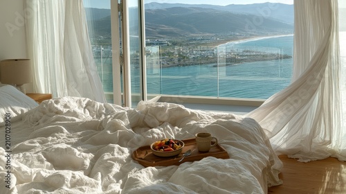 Cozy bed with fruit and coffee overlooking sunny ocean view